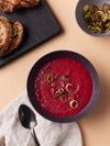 Roasted Beet and Garlic Prebiotic Soup with Crispy Leek Croutons