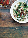 Freekeh with Deli Vegetables, Kale Pesto, and Chili-Parmesan Sunflower Seeds