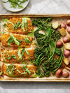 Crispy Green Goddess Salmon with Broccolini, Potatoes, and Arugula