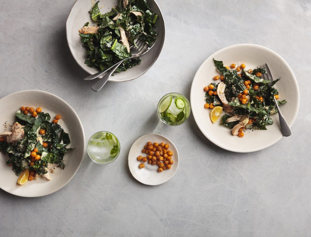Kale Caesar with Chicken and Crispy Chickpeas
