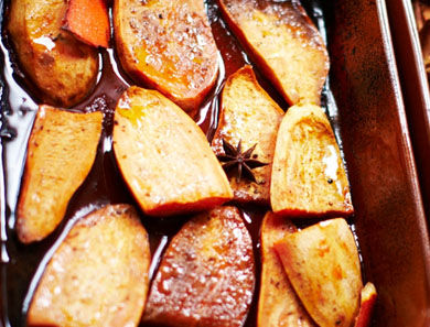 Roasted Sweet Potatoes with Maple Syrup, Orange & Spices