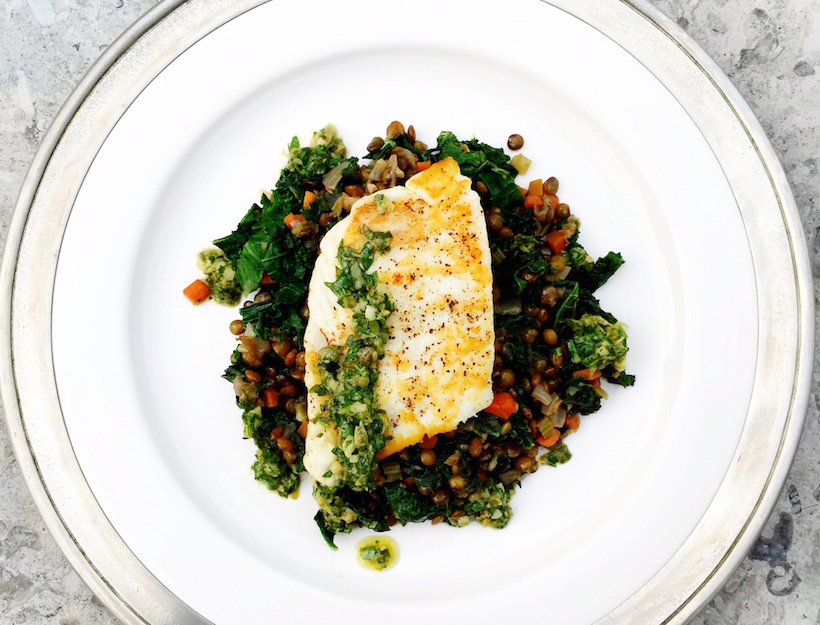 Seared Halibut with Lentils, Kale & Salsa Verde