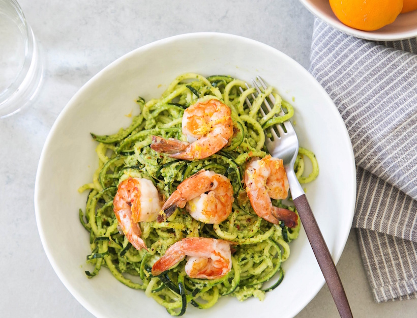 Zucchini Noodles with Avocado Pesto & Shrimp