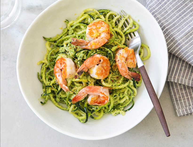 Zucchini Linguine with Fava Bean Pesto and Grilled Shrimp