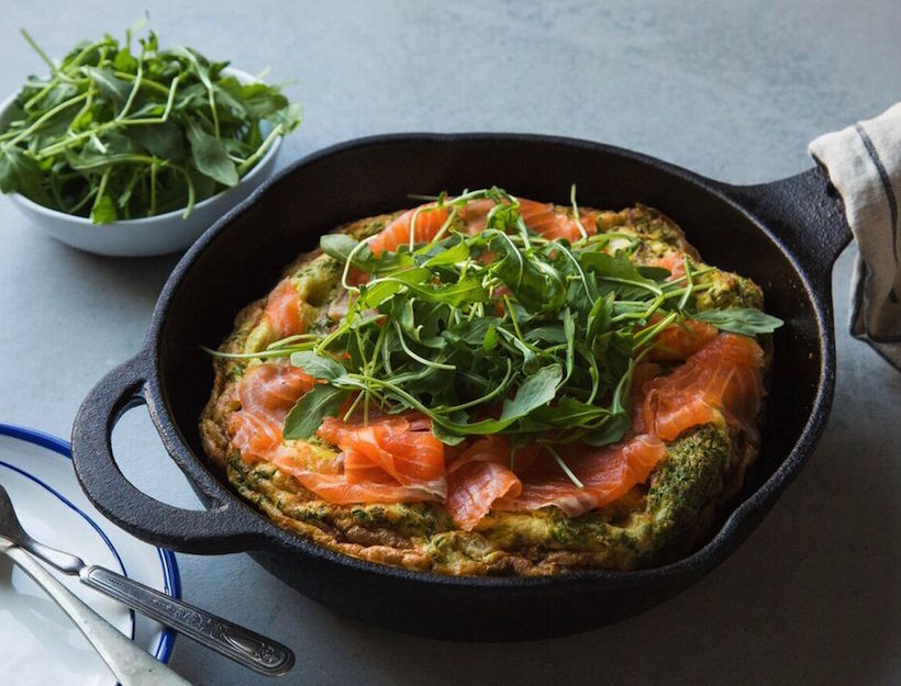 Roasted Potato and Chive Frittata with Smoked Salmon and Arugula