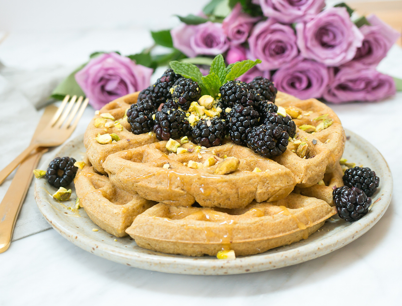 Pistachio Cardamom Waffles with Rose-Soaked Blackberries