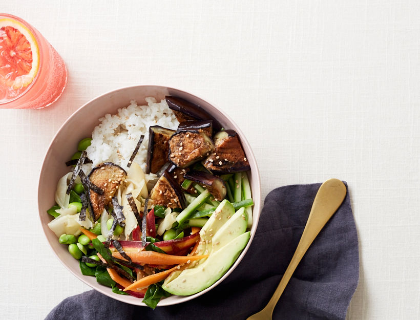 Sushi Bowl with Miso Glazed Eggplant