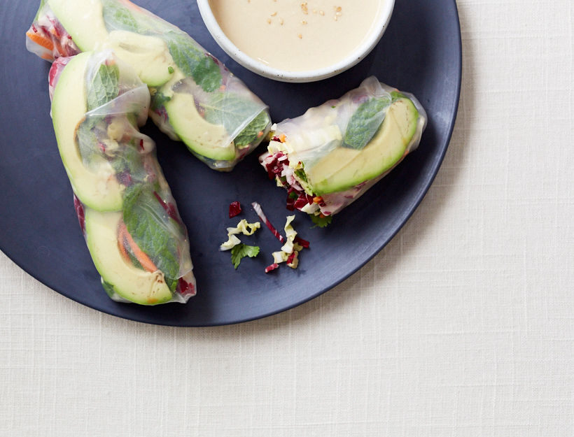 Ginger Sesame Slaw Spring Rolls with Tahini Dipping Sauce