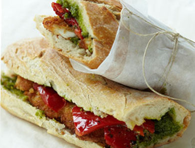 Chicken Cutlet Baguette with Roasted Peppers & Pesto