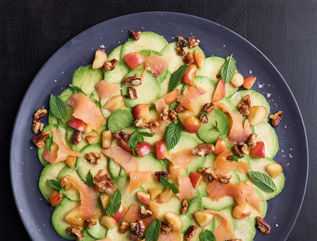 Avocado Carpaccio with Smoked Salmon, Walnuts, and Cherries Recipe goop