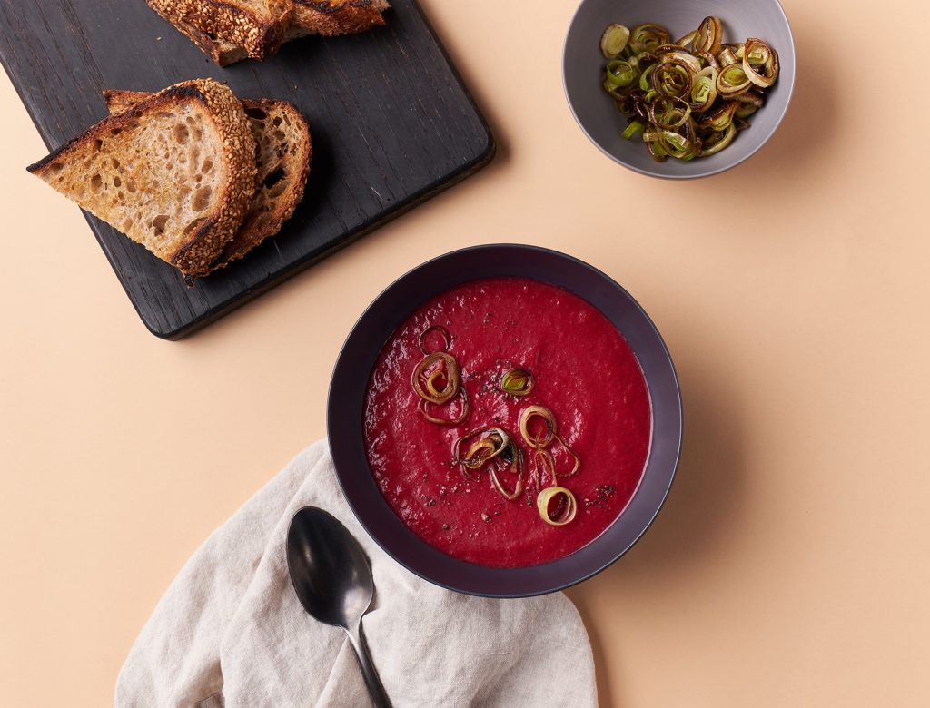 Roasted Beet and Garlic Prebiotic Soup with Crispy Leek Croutons