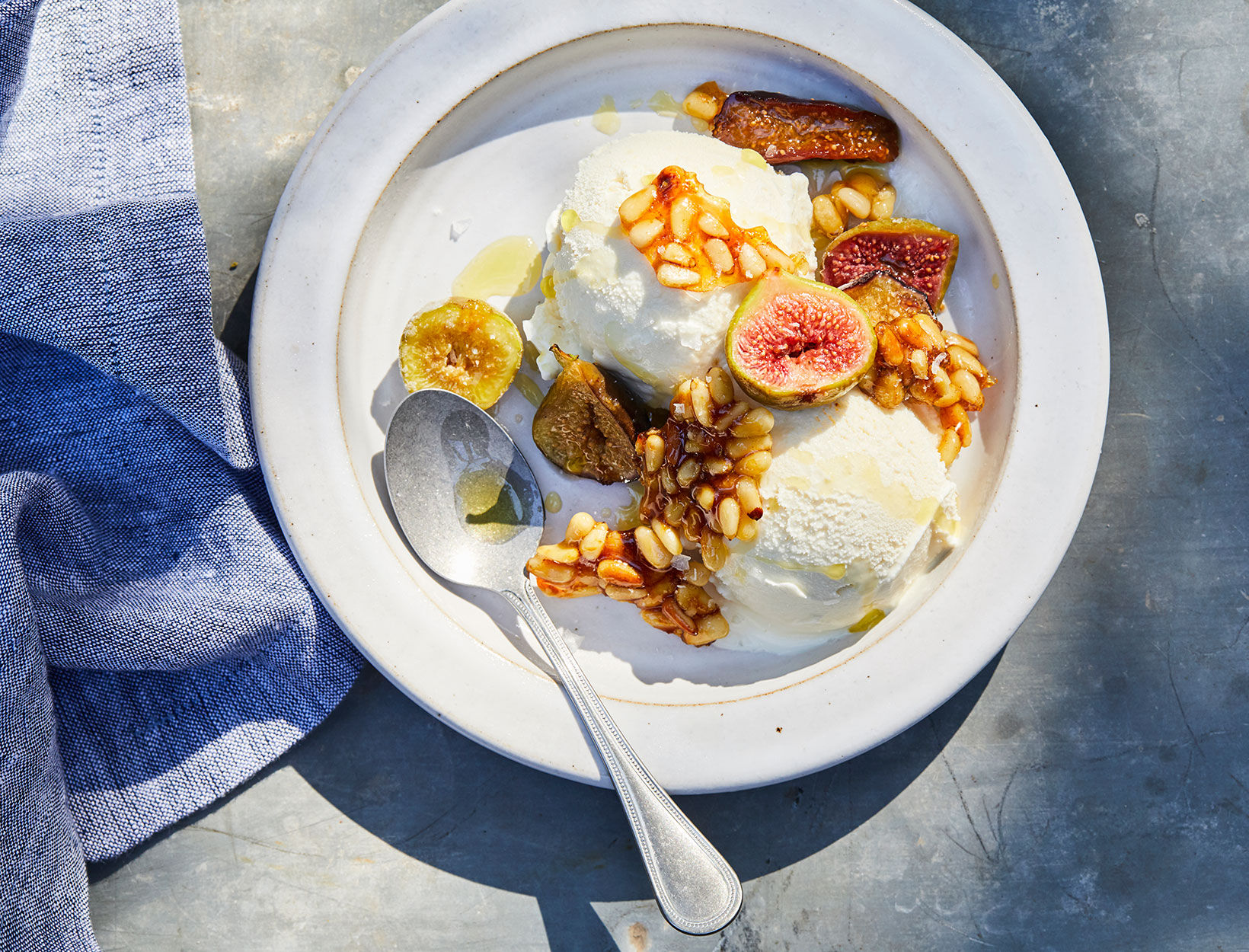 Roasted Figs with Candied Pine Nuts and Vanilla Ice Cream