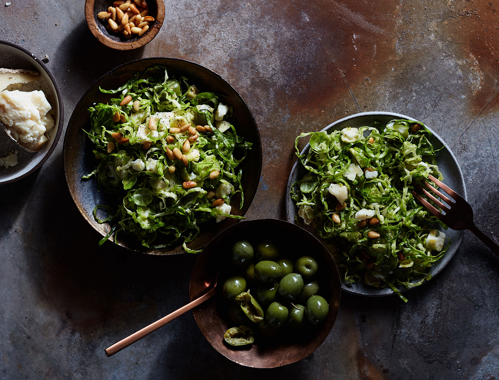 Shaved Brussels Sprouts, Pine Nuts, and Green Olives