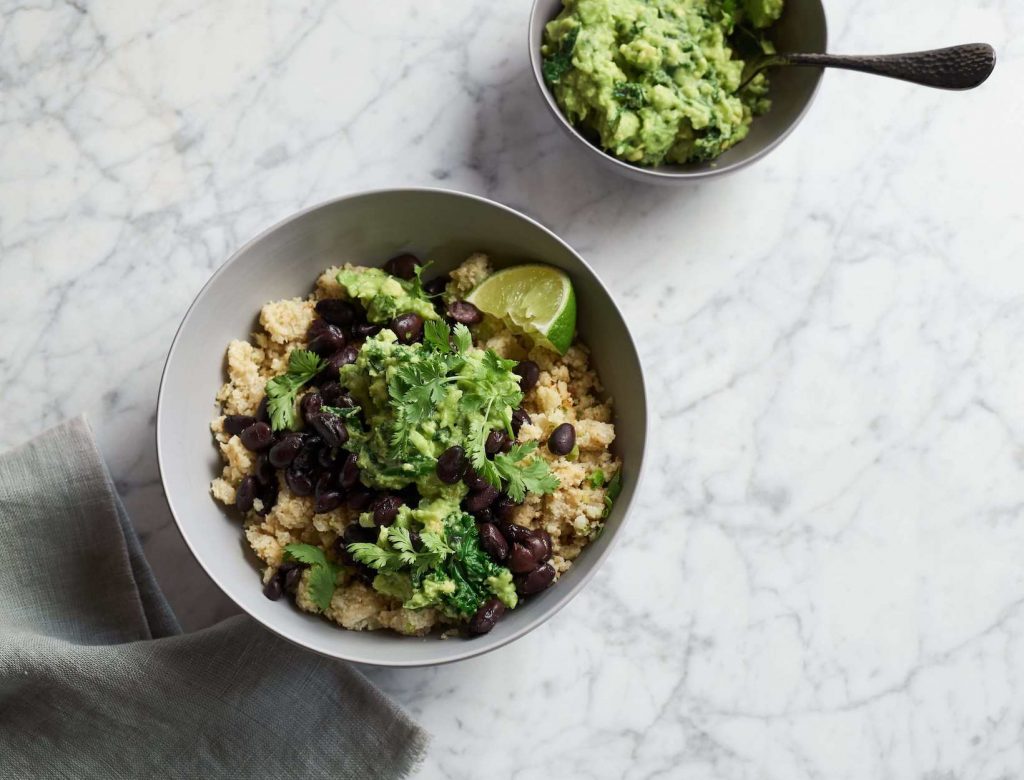Cauliflower Black Bean Bowl with Kale Guacamole