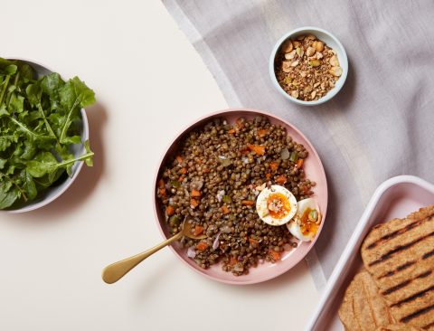 French Lentils and Soft Eggs with Dukkah and Arugula