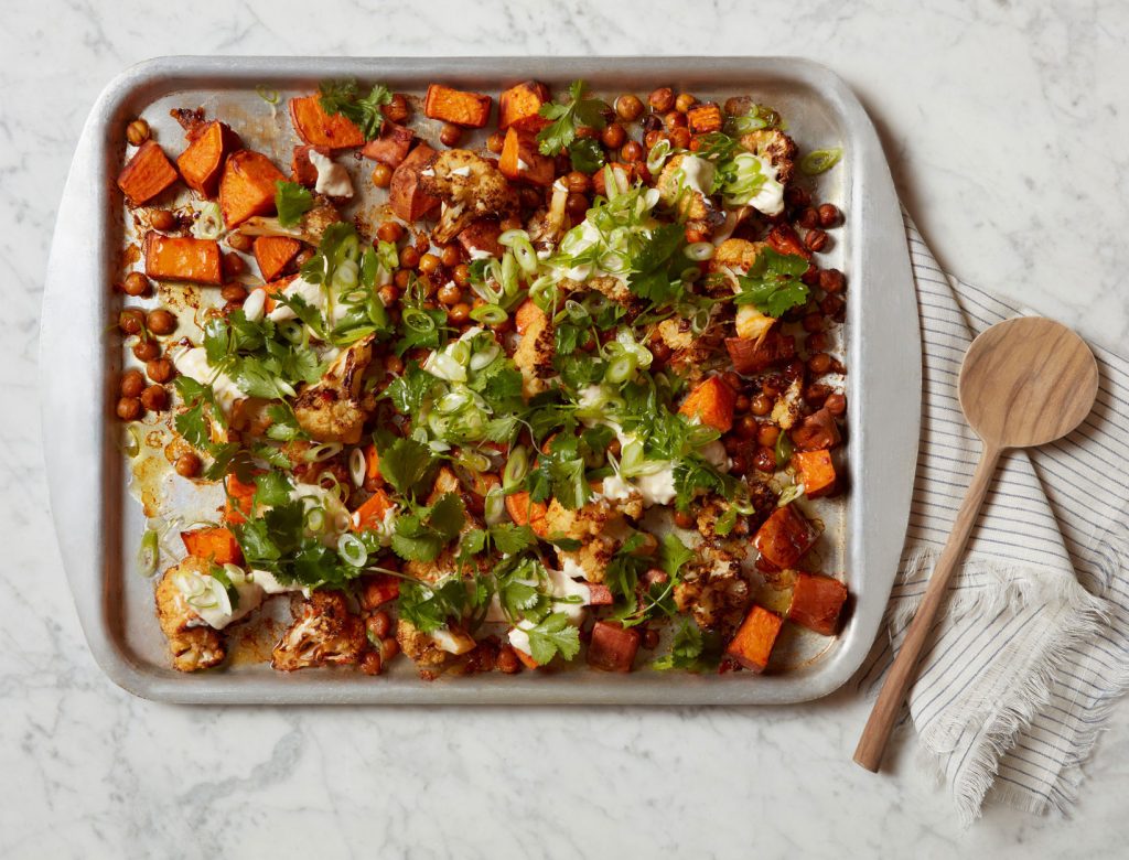 Harissa-Roasted Vegetables and Chickpeas with Tahini Yogurt