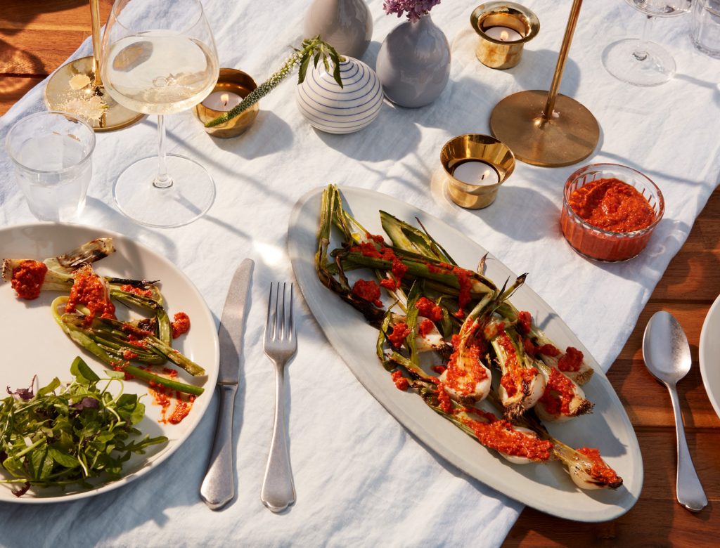 Grilled Spring Onions with Romesco