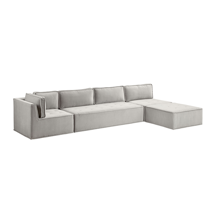 Quattro Sharkskin Light Grey Velvet Tufted 4-Piece Sectional Sofa 