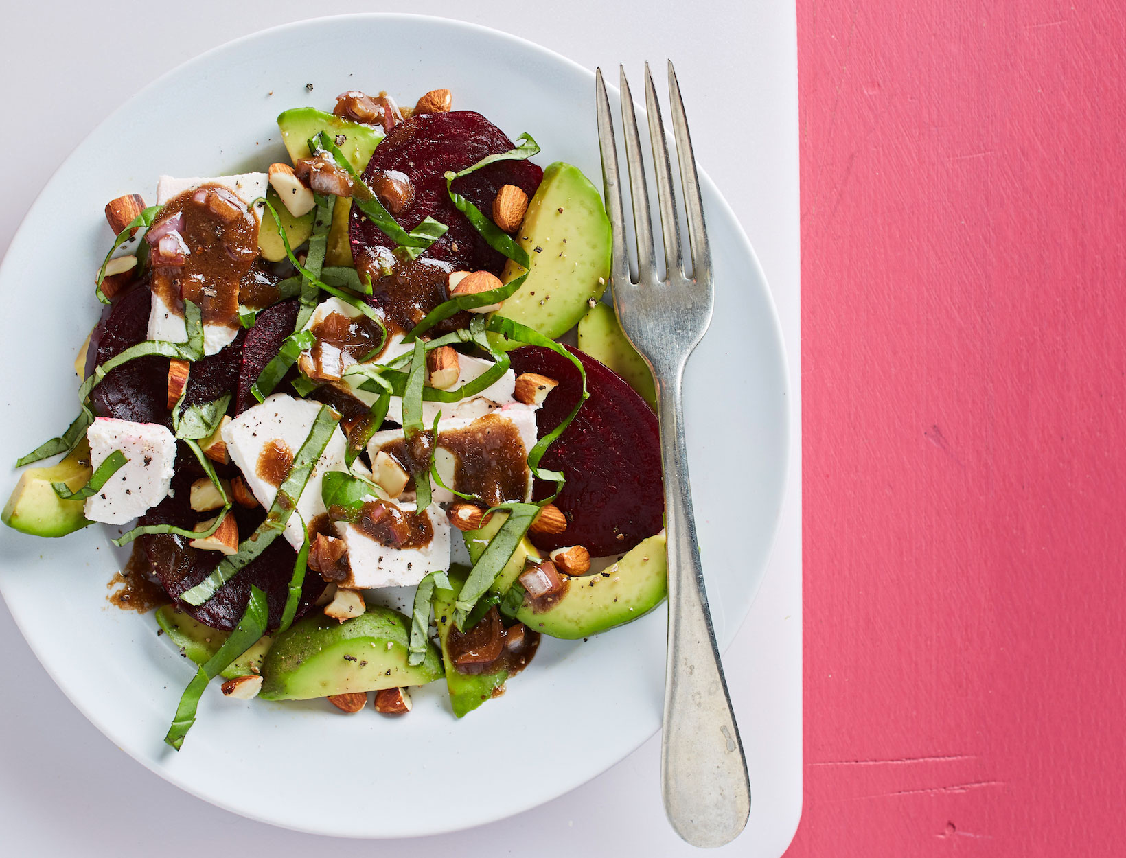 Roasted Beet-Cheese-Basil Caprese with Avocado and Toasted Almonds