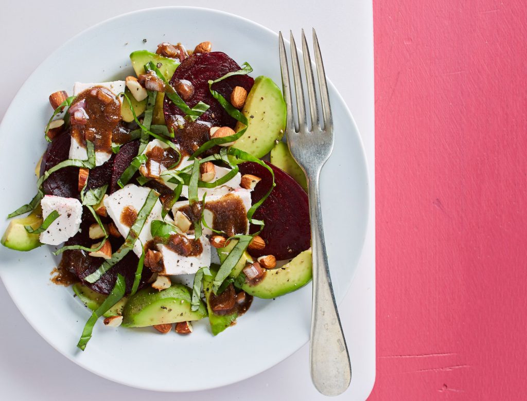 Roasted Beet-Cheese-Basil Caprese with Avocado and Toasted Almonds Recipe goop