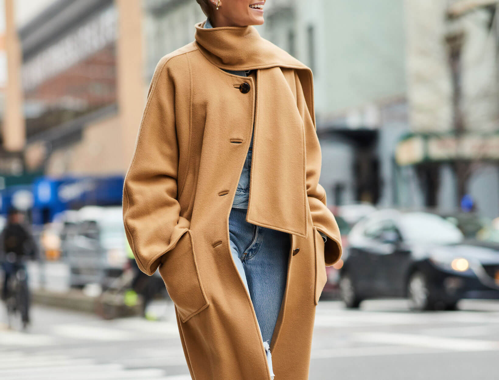 Woman in Camel Trench Coat