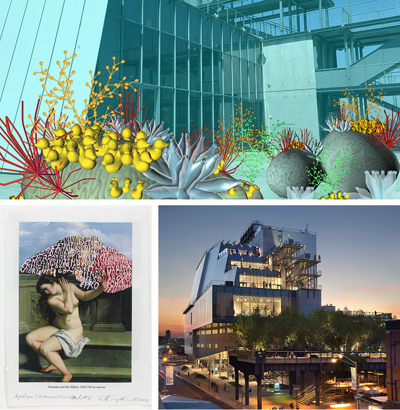 Collage featuring art by Tamiko Thiel and Betty Tompkins