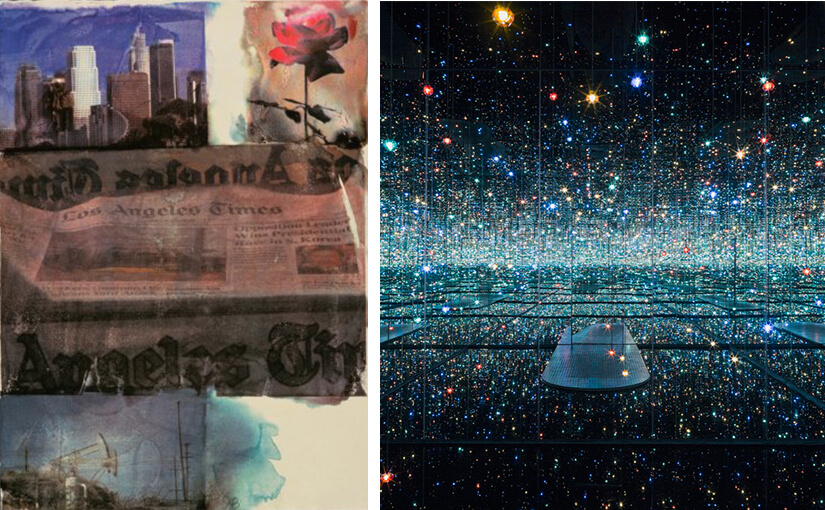 Collage featuring art by Rauschenberg and Kusama