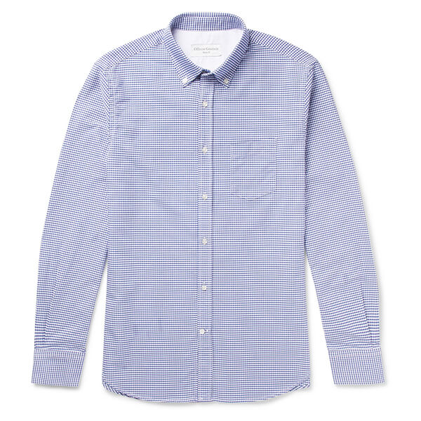 Blue checkered men's collared long-sleeve shirt