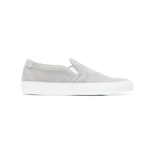 Light gray slip on sneakers with white rubber soles