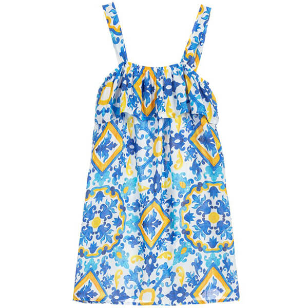 White, blue and yellow abstract printed sun dress
