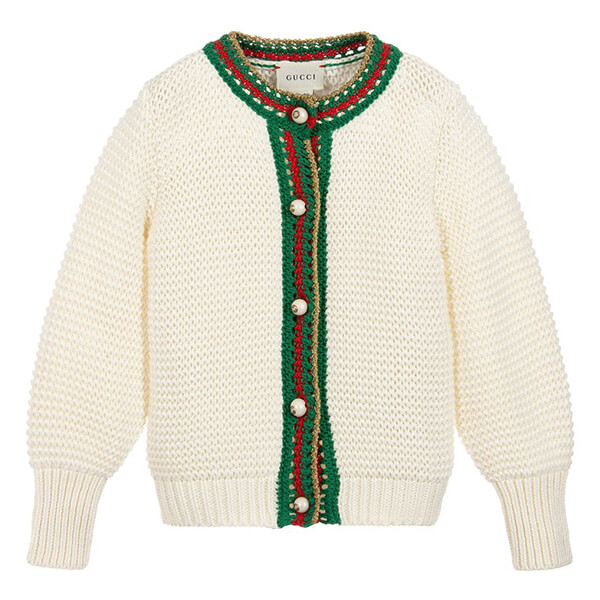 Ivory cardigan with buttons and green and red detailing 