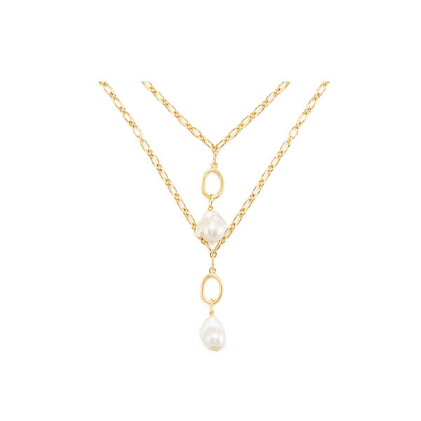 Yellow gold double layered pearl necklace 