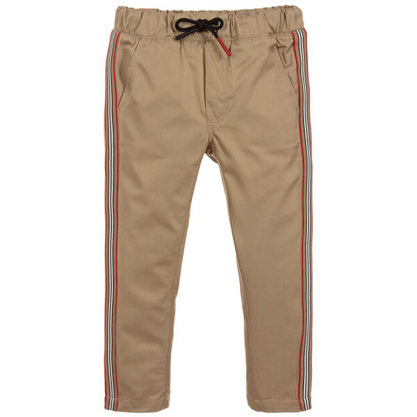 Beige pants with black drawsting and red, white and black srtipe down the sides 