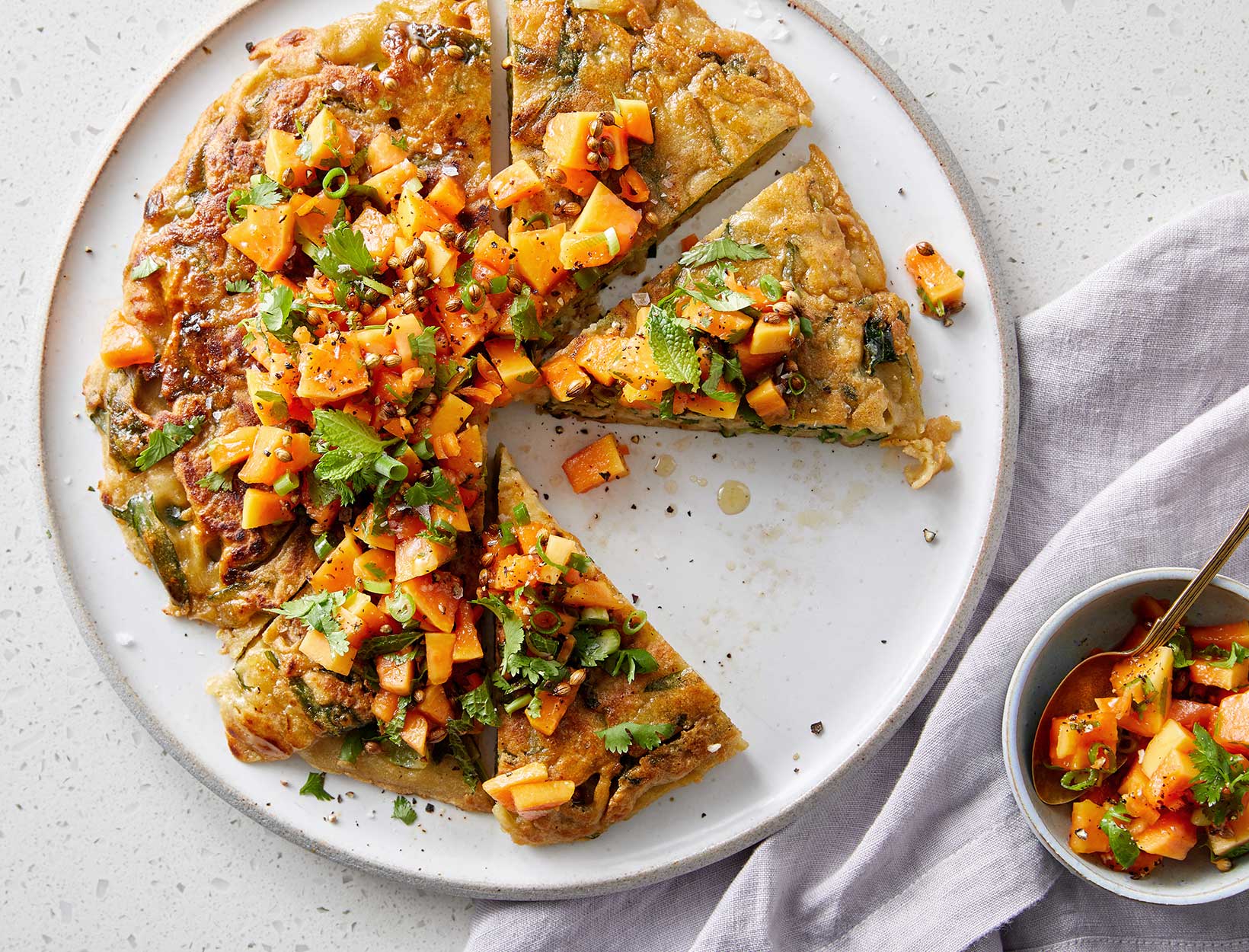 Yucca Pancake with Dandelion, Bok Choy, and Papaya Salsa