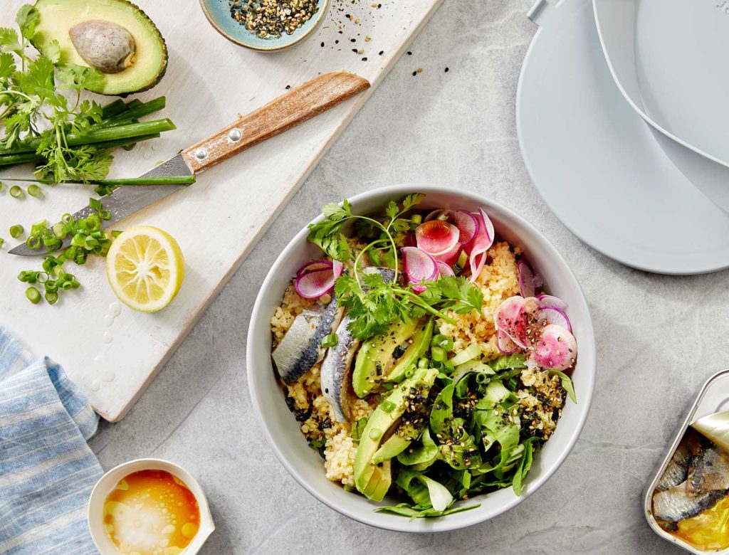 Sardine, Avocado, and Crunchy Veggie Millet Bowl