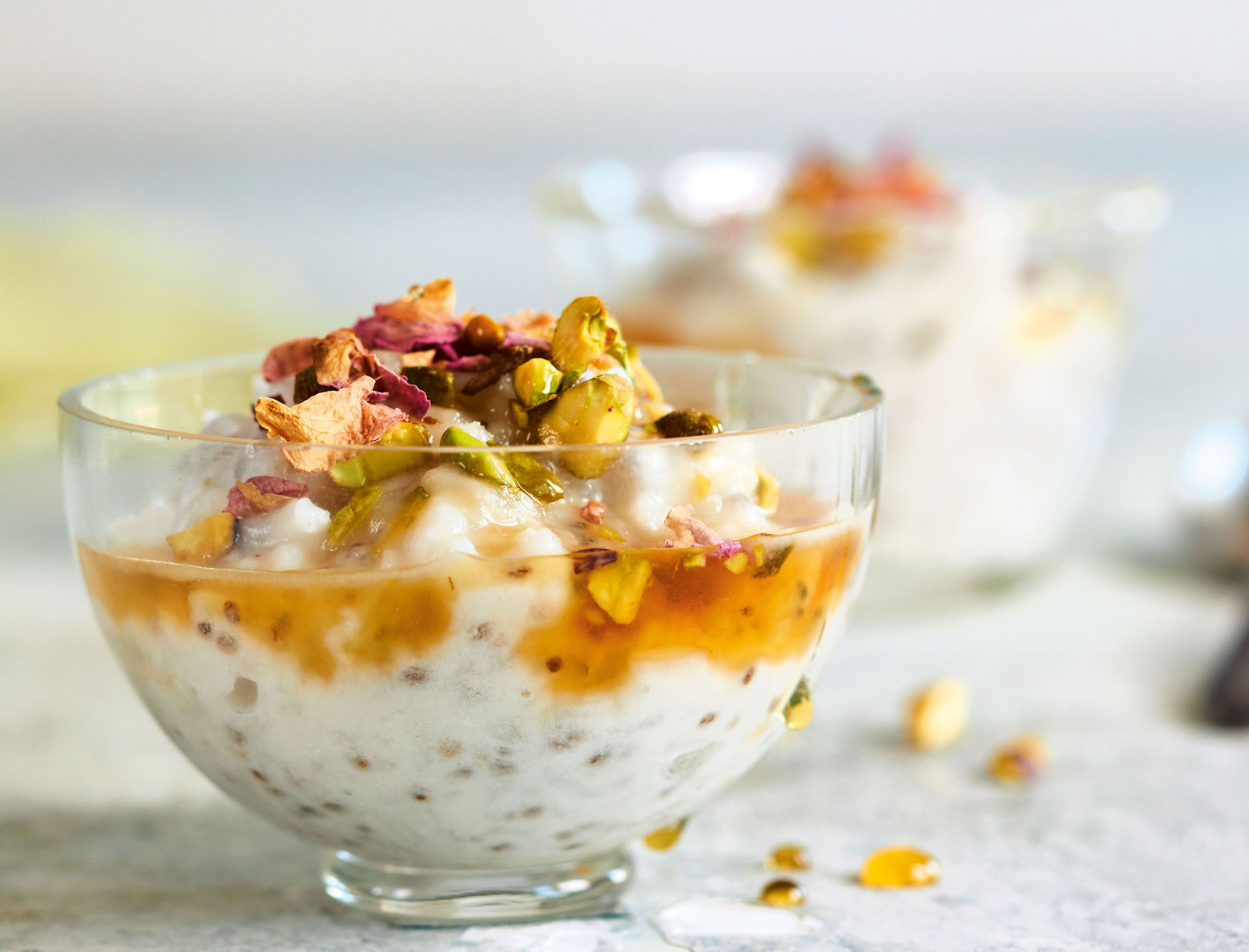 Honey-Rose Rice Pudding with Pistachio-Cardamom Crumble