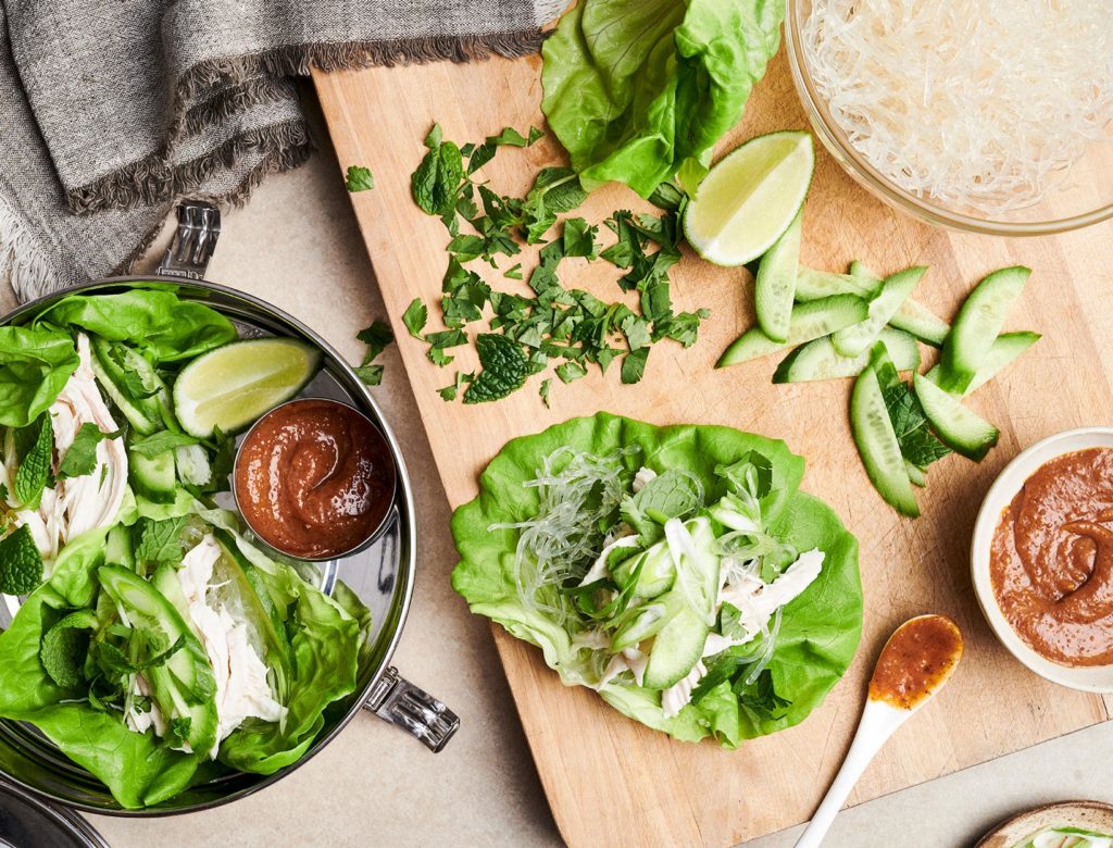 Lettuce Cups with Chicken, Kelp Noodles, and Red Curry Almond Butter