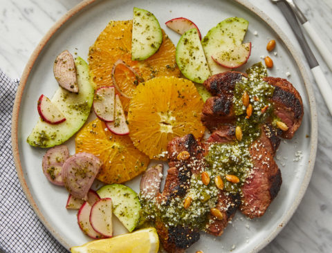 Mexican-Spiced Steaks with Cilantro Chimichurri and Chayote Squash Salad