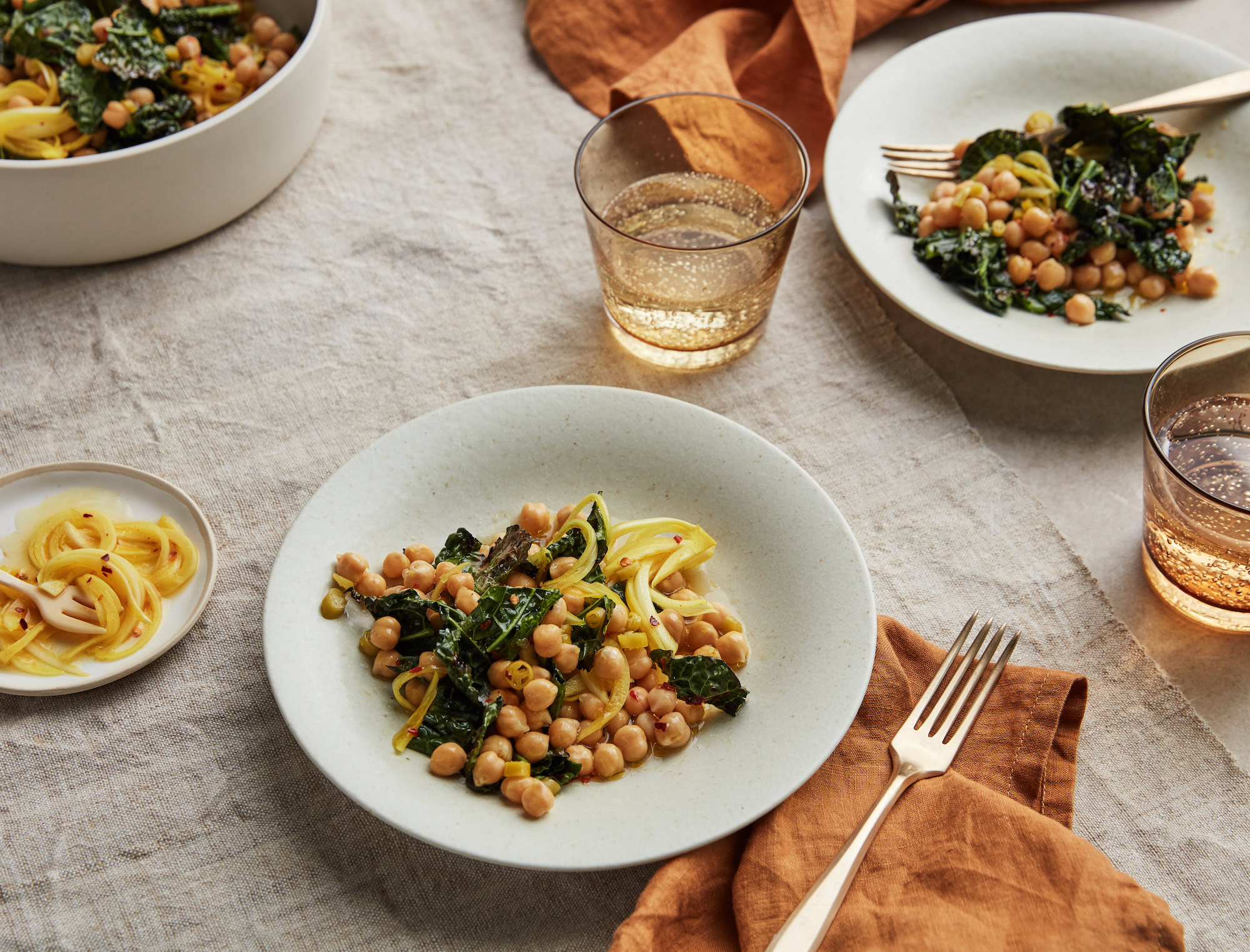 Grilled Kale with Chickpeas and Pickled Onions