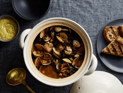 Steamed Clams with Kale and Chickpeas