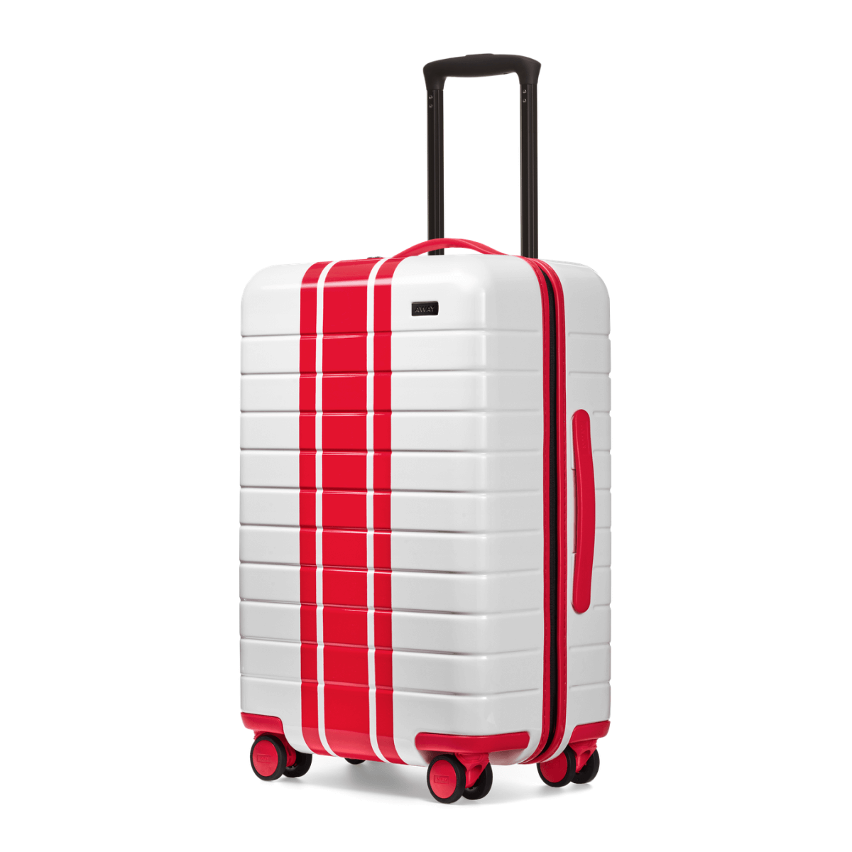 Away red and white suitcase