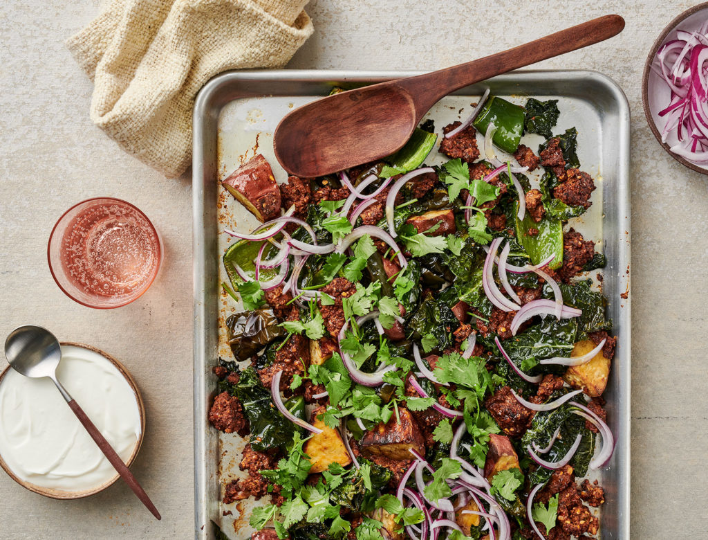 Sweet Potato, Kale, and Vegan Chorizo Sheet Pan Dinner