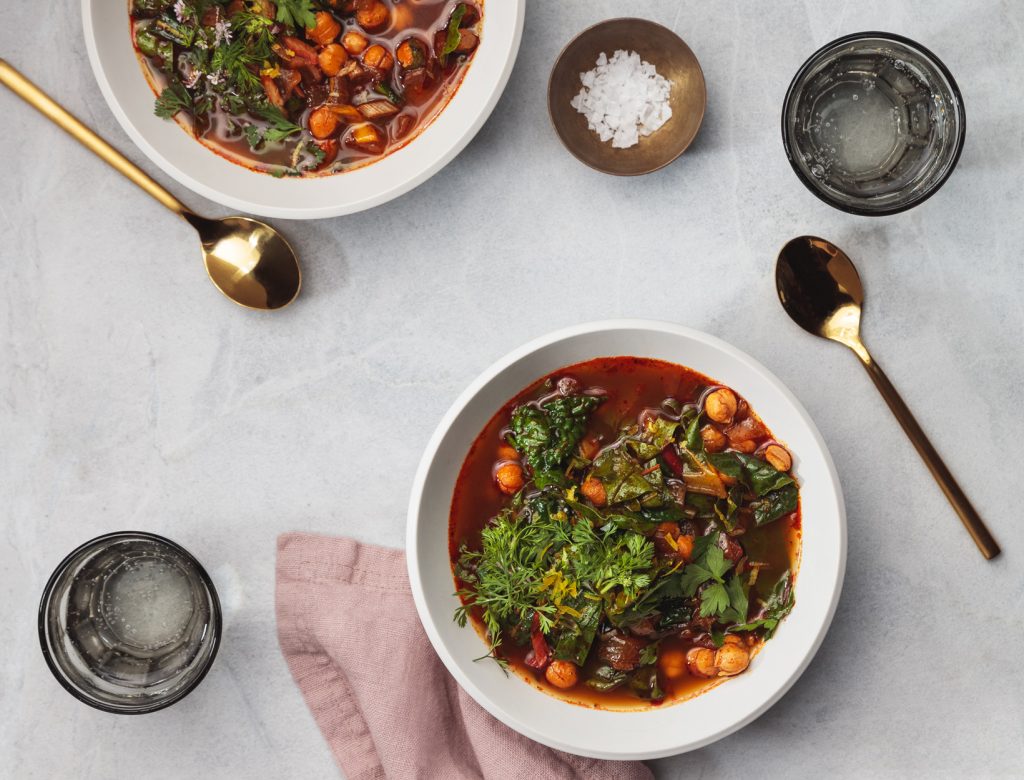 Beans and Greens Soup with Harissa
