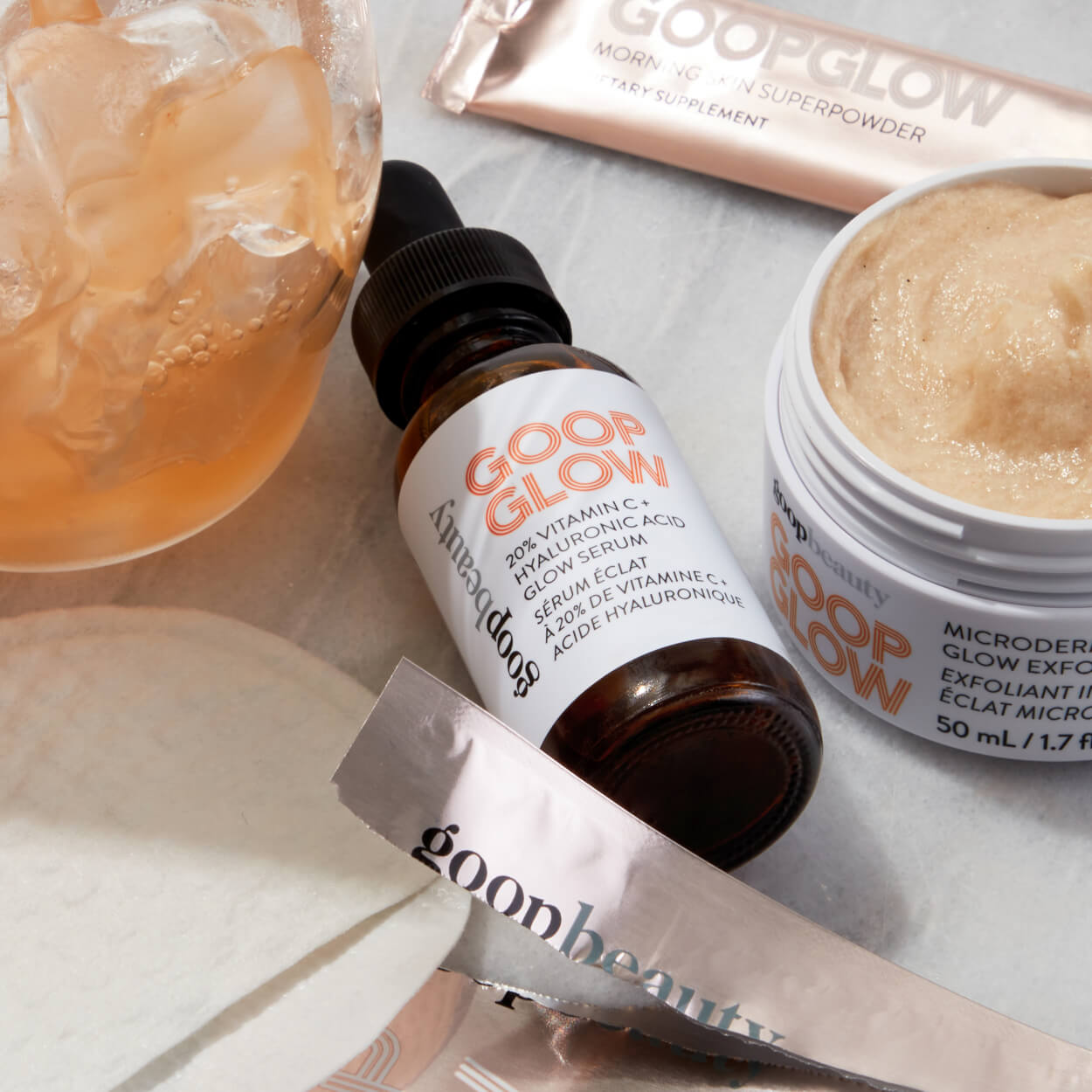 goop beauty products on a marble counter