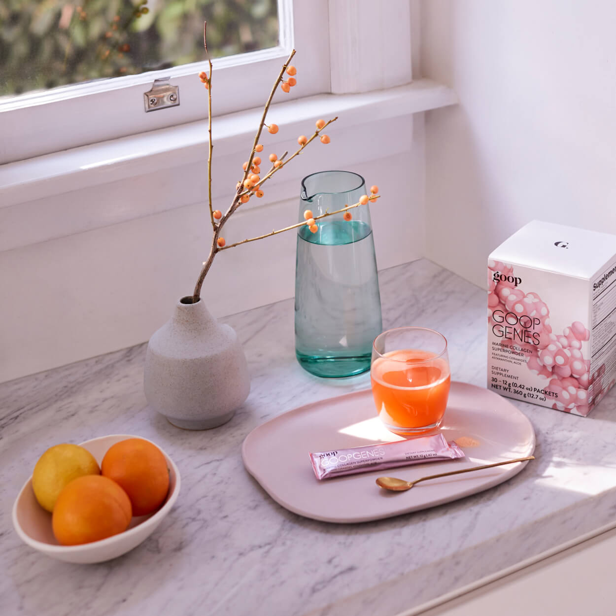 window sill with glass of goopgenes superpowder