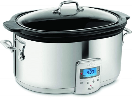 All Clad Programmable Oval-Shaped Slow Cooker with Black Ceramic Insert and Glass Lid, 6.5-Quart, Silver