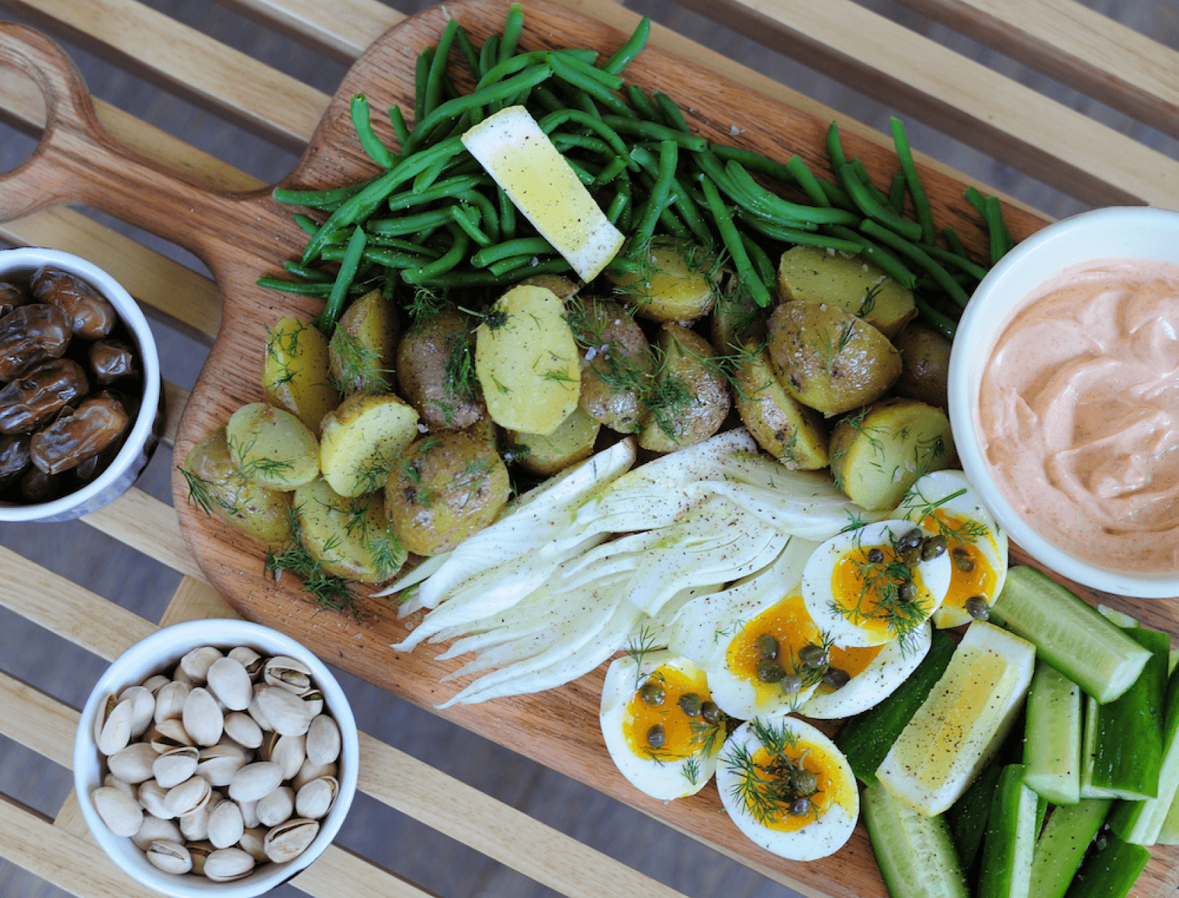 egg cucumber potato snack board