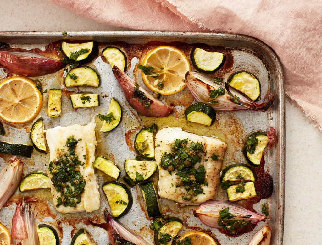 Sheet Pan Haddock With Zucchini Shallots And Salsa Verde Recipe Goop