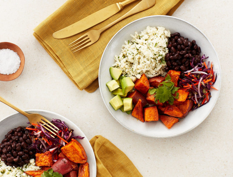 Sweet Potato Bowls With Cilantro Lime Cauli Rice And Quick Pickled Slaw Recipe Goop