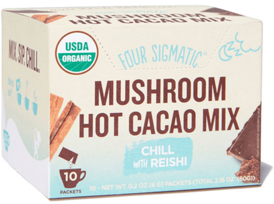 Hot cocoa mix with four printed mushrooms and Reishi